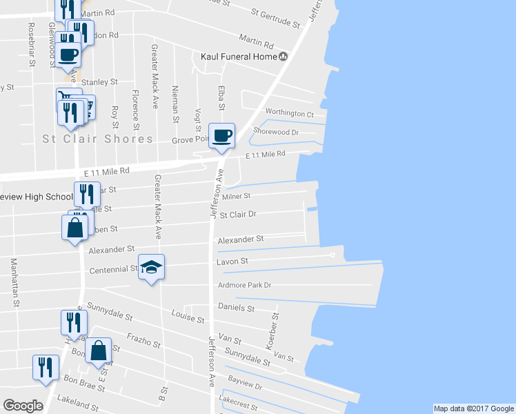 map of restaurants, bars, coffee shops, grocery stores, and more near 22471 Saint Clair Drive in Saint Clair Shores