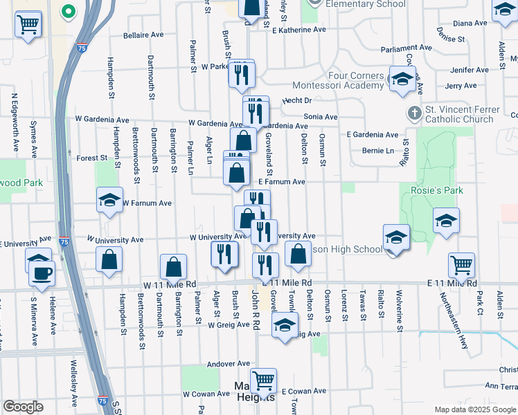 map of restaurants, bars, coffee shops, grocery stores, and more near 27439 Groveland Street in Madison Heights
