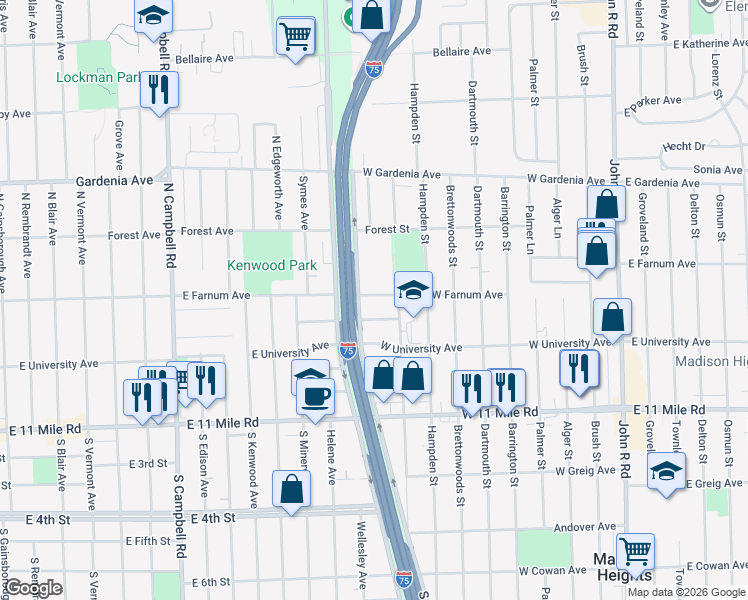 map of restaurants, bars, coffee shops, grocery stores, and more near 27620 North Stephenson Highway in Madison Heights