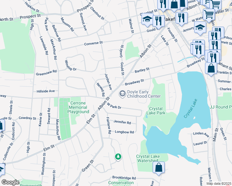 map of restaurants, bars, coffee shops, grocery stores, and more near 58 Jordan Avenue in Wakefield