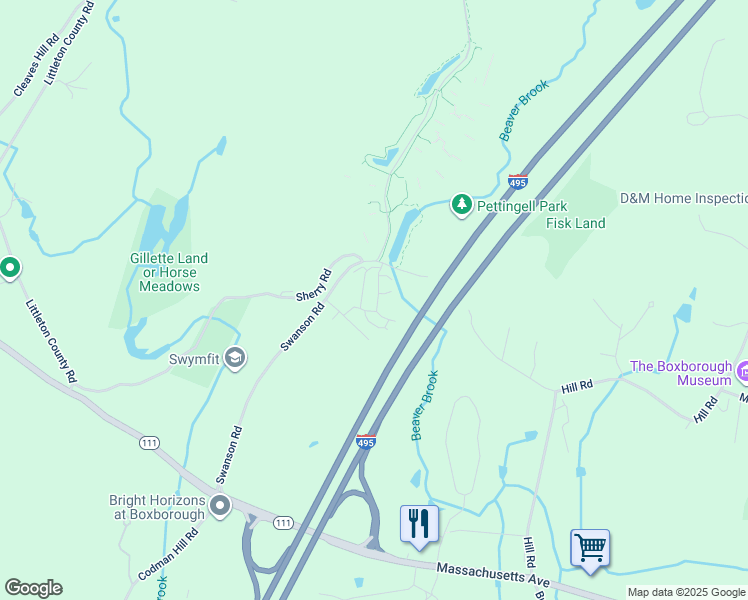 map of restaurants, bars, coffee shops, grocery stores, and more near 23 Spencer Road in Boxborough