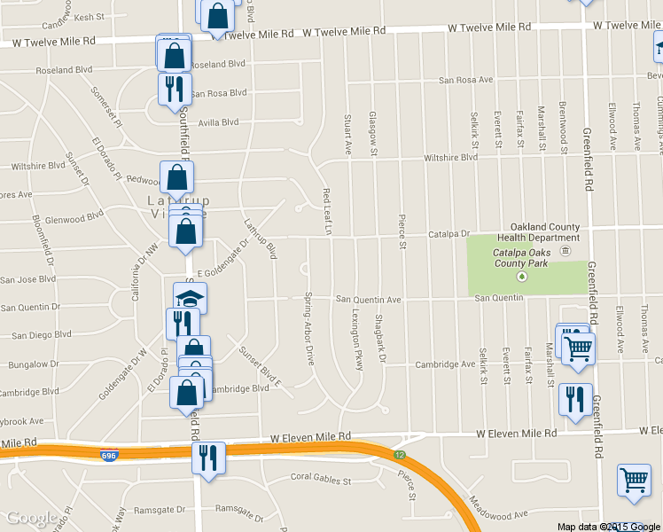map of restaurants, bars, coffee shops, grocery stores, and more near 27685 Red Leaf Lane in Southfield
