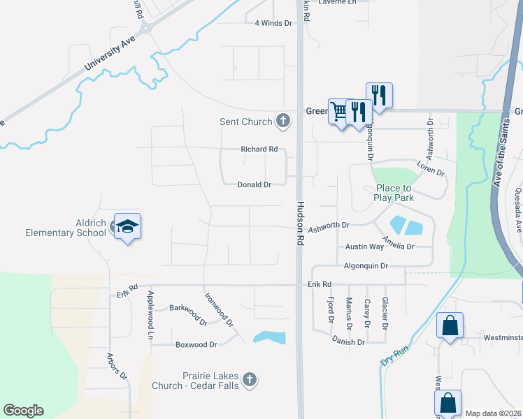 map of restaurants, bars, coffee shops, grocery stores, and more near 1818 Donald Drive in Cedar Falls