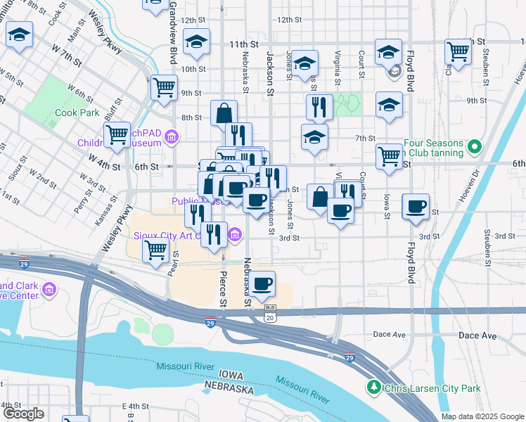 map of restaurants, bars, coffee shops, grocery stores, and more near 420 Jackson Street in Sioux City