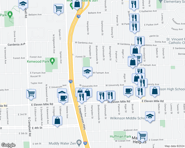map of restaurants, bars, coffee shops, grocery stores, and more near 27404 Hampden Street in Madison Heights