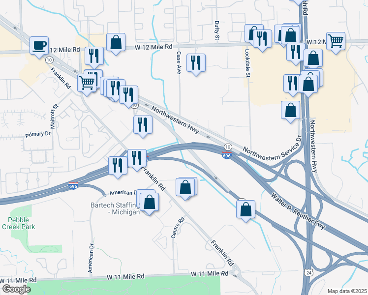 map of restaurants, bars, coffee shops, grocery stores, and more near Walter P Reuther Freeway in Southfield
