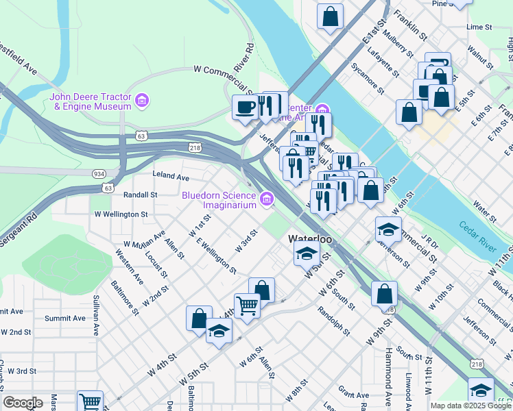 map of restaurants, bars, coffee shops, grocery stores, and more near 306 Washington Street in Waterloo