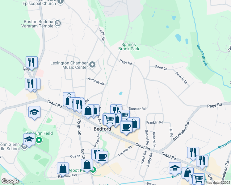 map of restaurants, bars, coffee shops, grocery stores, and more near 93 Springs Road in Bedford