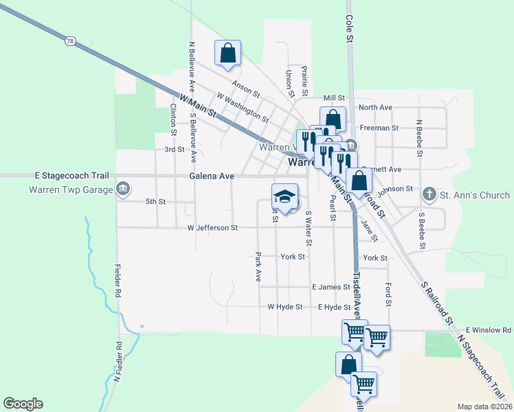 map of restaurants, bars, coffee shops, grocery stores, and more near 215 Emelyne Street in Warren