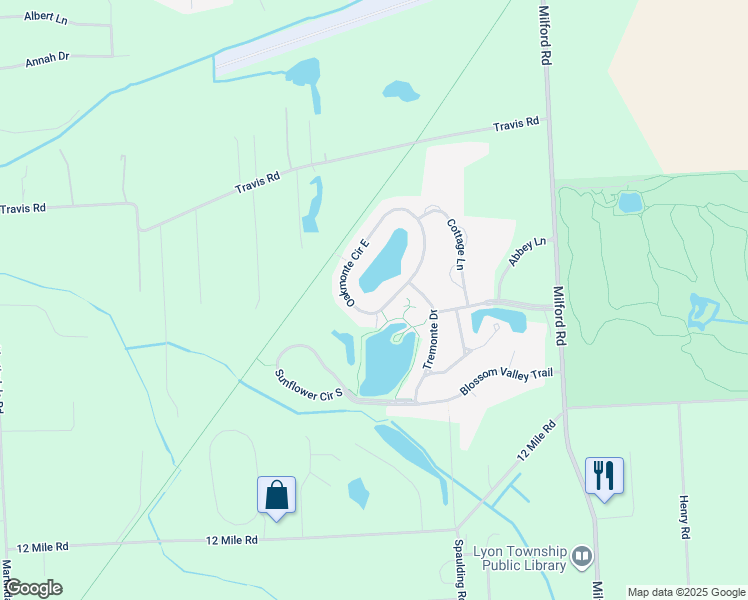 map of restaurants, bars, coffee shops, grocery stores, and more near 28480 Oakmonte Circle West in Lyon Charter Township