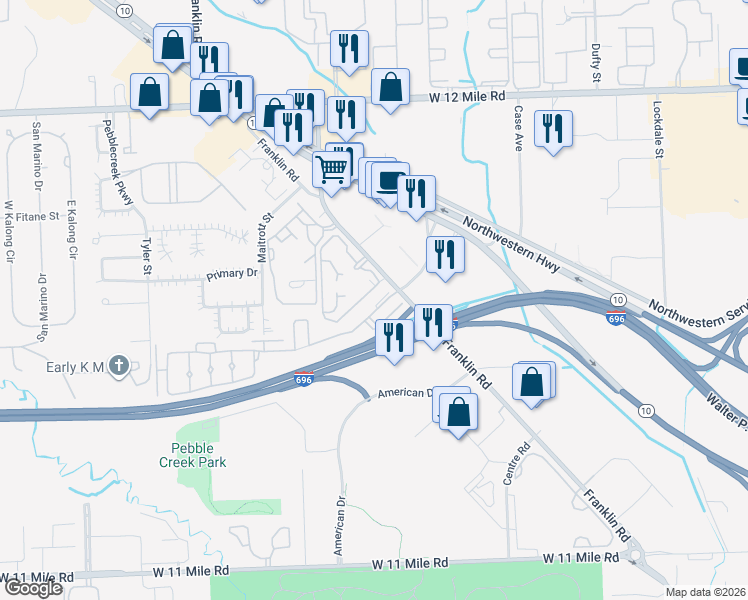 map of restaurants, bars, coffee shops, grocery stores, and more near 25930 Franklin Pointe Drive in Southfield