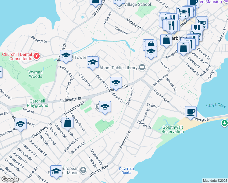map of restaurants, bars, coffee shops, grocery stores, and more near 271 Pleasant Street in Marblehead