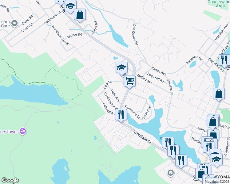 map of restaurants, bars, coffee shops, grocery stores, and more near 84 Park Road in Lynn