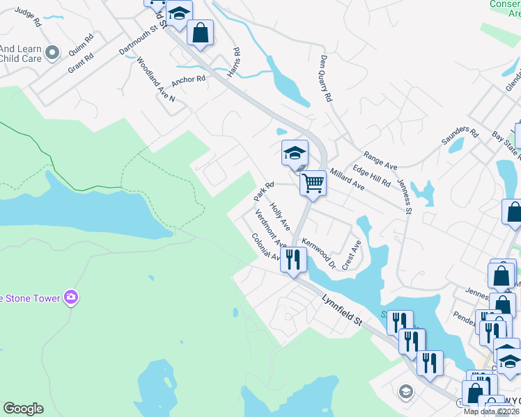 map of restaurants, bars, coffee shops, grocery stores, and more near 40 Park Road in Lynn
