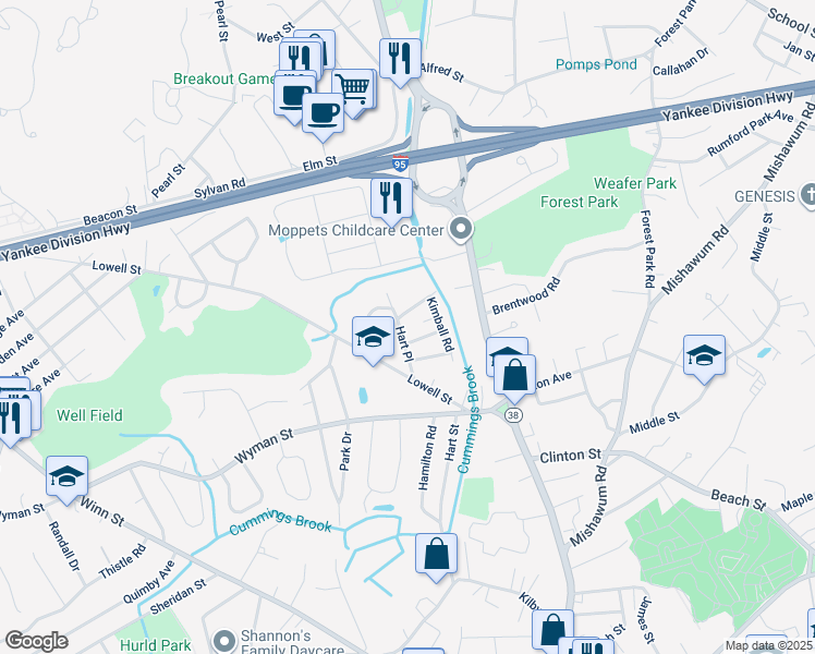 map of restaurants, bars, coffee shops, grocery stores, and more near 1 Colony Road in Woburn