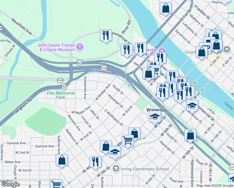 map of restaurants, bars, coffee shops, grocery stores, and more near 123 South Street in Waterloo