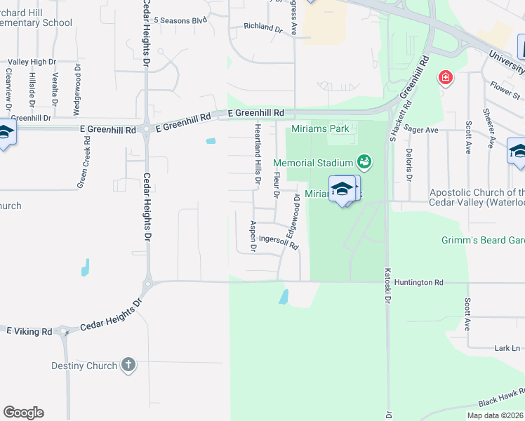 map of restaurants, bars, coffee shops, grocery stores, and more near 1243 Aspen Drive in Waterloo
