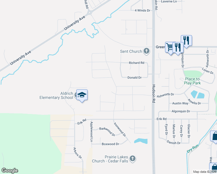 map of restaurants, bars, coffee shops, grocery stores, and more near 1999 Donald Dr in Cedar Falls