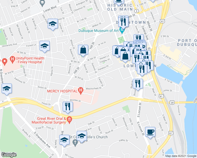 map of restaurants, bars, coffee shops, grocery stores, and more near 265 Cardiff Street in Dubuque