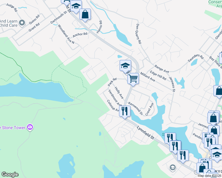 map of restaurants, bars, coffee shops, grocery stores, and more near 40 Park Road in Lynn