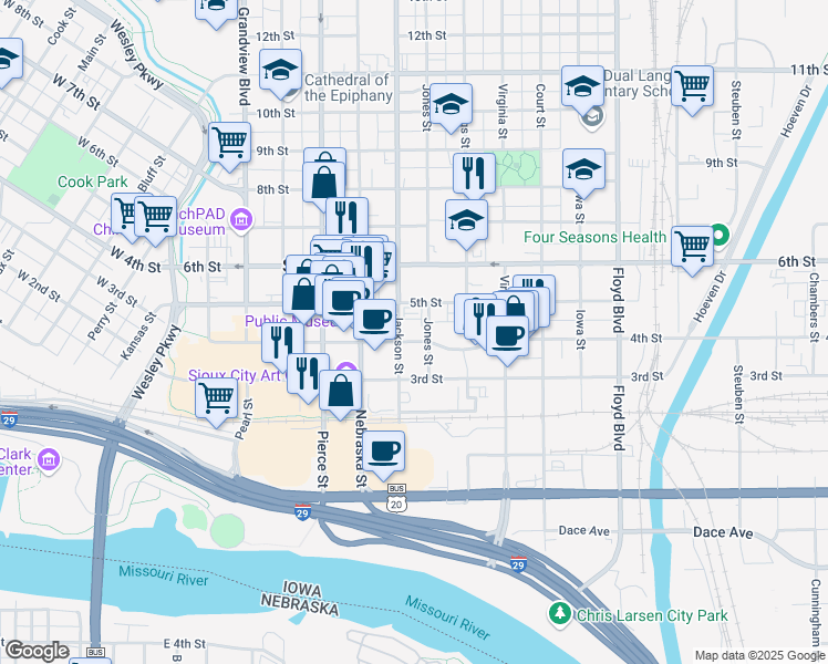map of restaurants, bars, coffee shops, grocery stores, and more near 707 4th Street in Sioux City