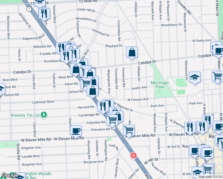 map of restaurants, bars, coffee shops, grocery stores, and more near 804 Maplegrove Avenue in Royal Oak
