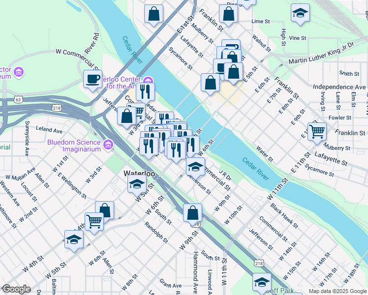 map of restaurants, bars, coffee shops, grocery stores, and more near 194 West 5th Street in Waterloo