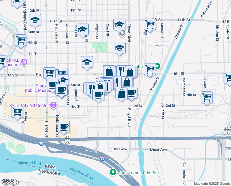 map of restaurants, bars, coffee shops, grocery stores, and more near 309 Court Street in Sioux City