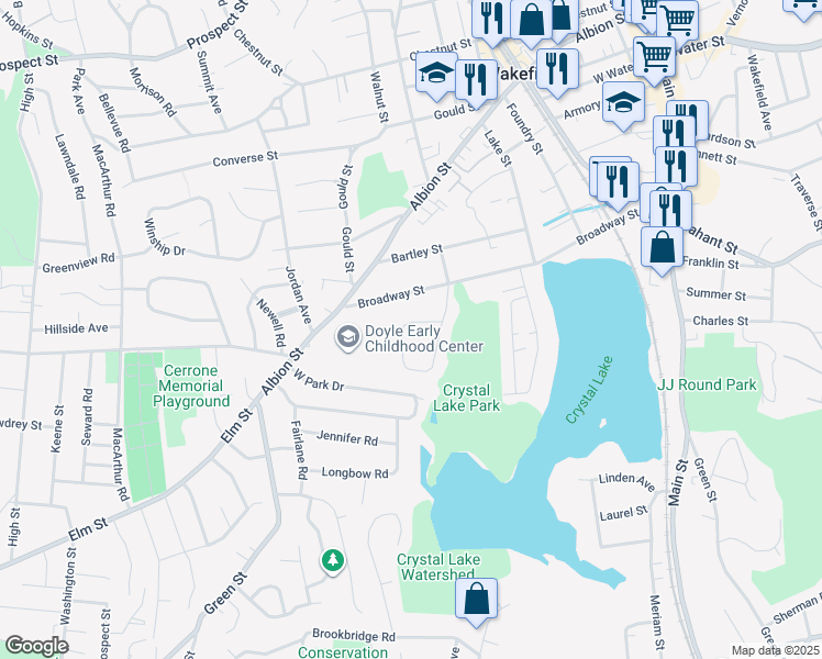 map of restaurants, bars, coffee shops, grocery stores, and more near 80 Plymouth Road in Wakefield