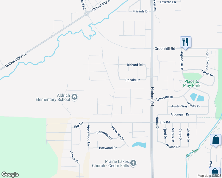 map of restaurants, bars, coffee shops, grocery stores, and more near 1999 Donald Dr in Cedar Falls