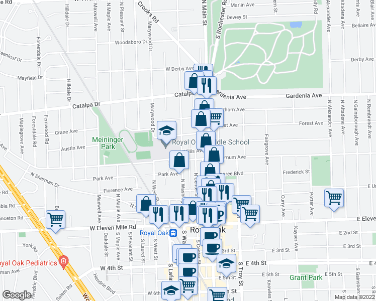 map of restaurants, bars, coffee shops, grocery stores, and more near 707 Washington Place Drive in Royal Oak