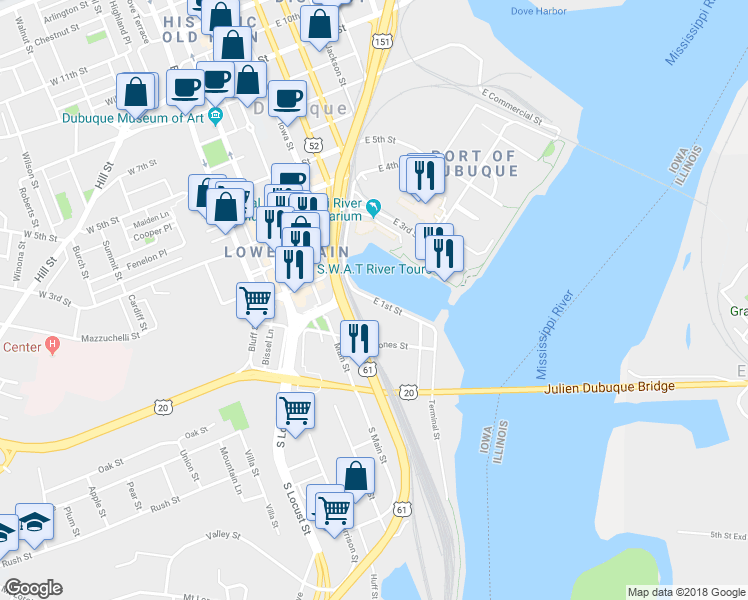 map of restaurants, bars, coffee shops, grocery stores, and more near 95 East 1st Street in Dubuque