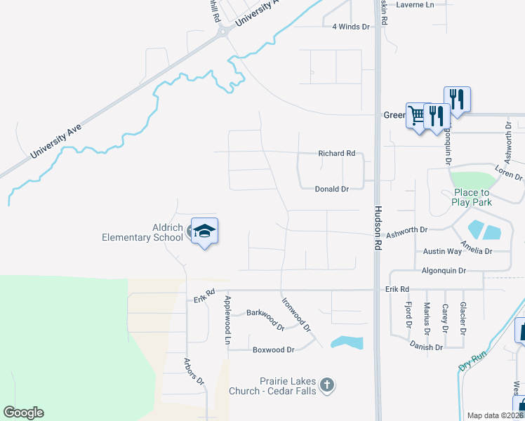 map of restaurants, bars, coffee shops, grocery stores, and more near 1999 Donald Dr in Cedar Falls