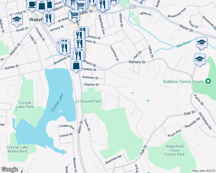 map of restaurants, bars, coffee shops, grocery stores, and more near 30 Summer Street in Wakefield