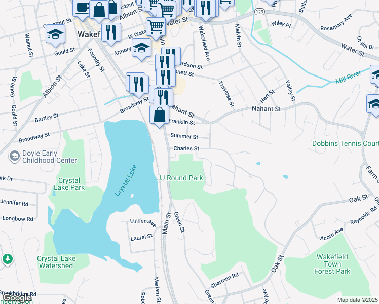 map of restaurants, bars, coffee shops, grocery stores, and more near 17 Charles Street in Wakefield