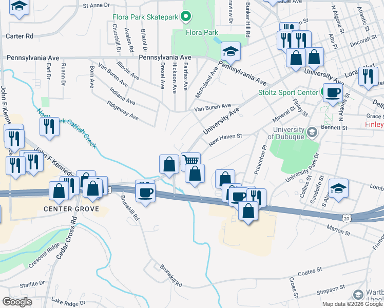 map of restaurants, bars, coffee shops, grocery stores, and more near 2758 University Avenue in Dubuque