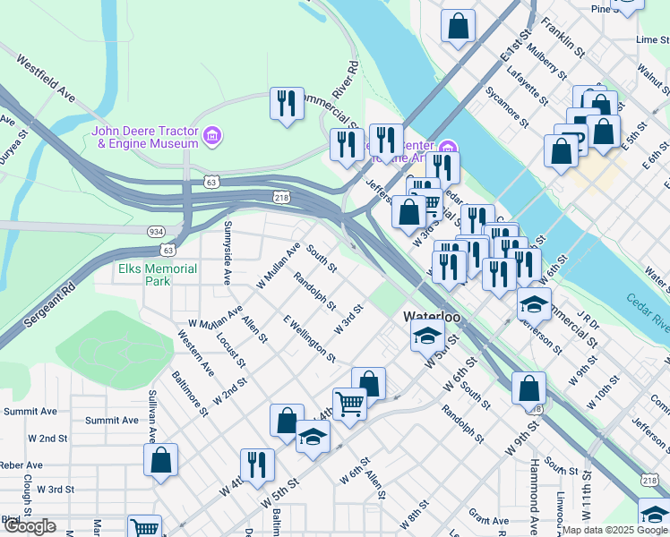 map of restaurants, bars, coffee shops, grocery stores, and more near 123 South Street in Waterloo