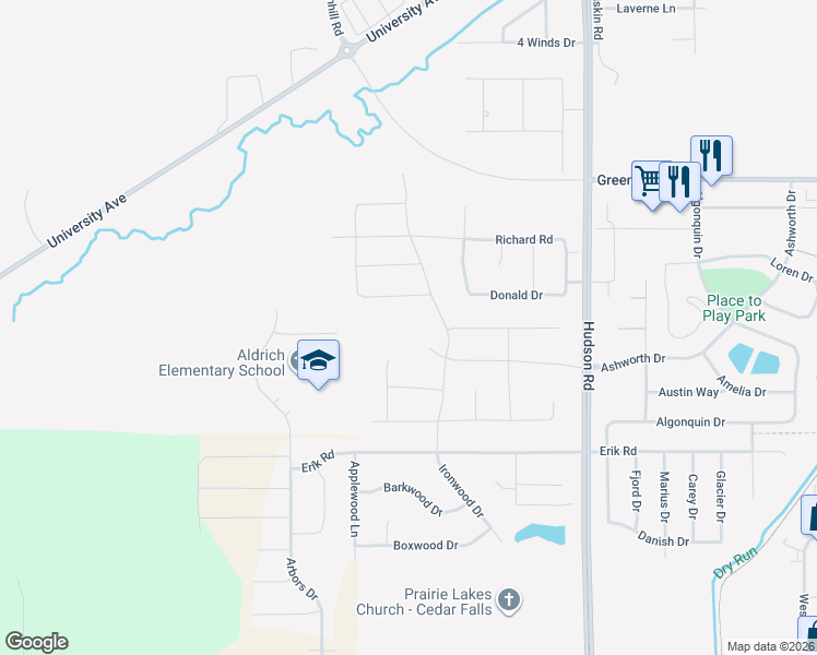 map of restaurants, bars, coffee shops, grocery stores, and more near 1999 Donald Dr in Cedar Falls