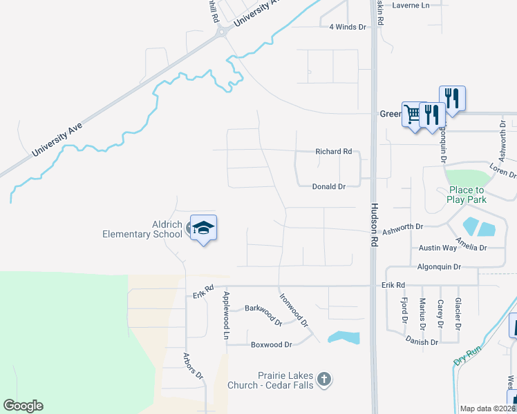 map of restaurants, bars, coffee shops, grocery stores, and more near 1999 Donald Dr in Cedar Falls
