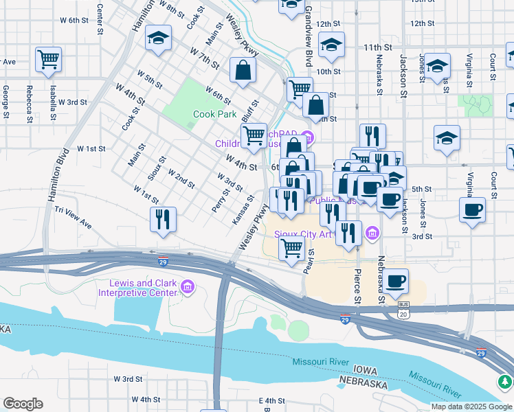 map of restaurants, bars, coffee shops, grocery stores, and more near 321 Wesley Way in Sioux City