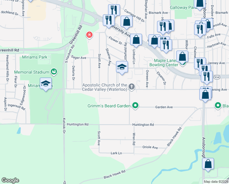 map of restaurants, bars, coffee shops, grocery stores, and more near 1807 Downing Avenue in Waterloo
