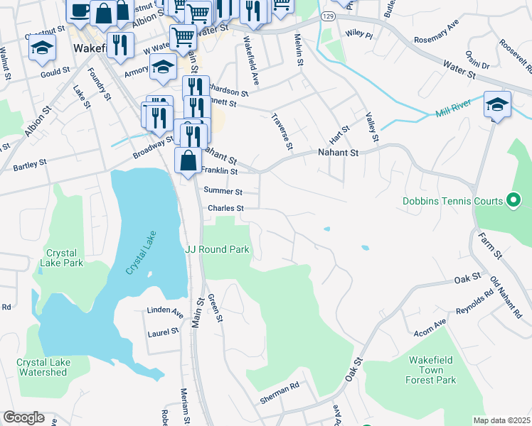 map of restaurants, bars, coffee shops, grocery stores, and more near 30 Summer Street in Wakefield