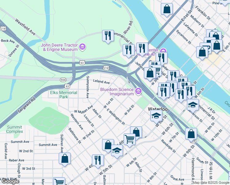 map of restaurants, bars, coffee shops, grocery stores, and more near 618 West 1st Street in Waterloo