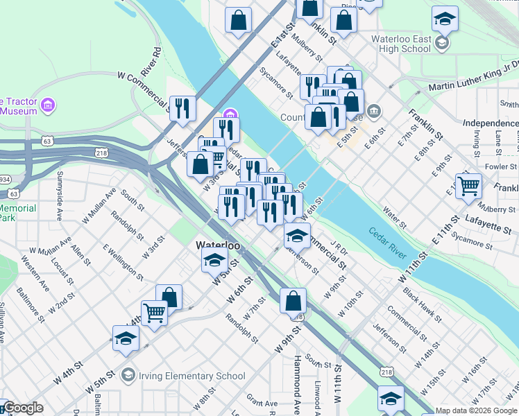 map of restaurants, bars, coffee shops, grocery stores, and more near 603 Commercial Street in Waterloo