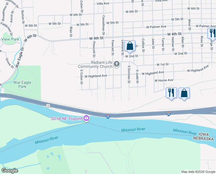 map of restaurants, bars, coffee shops, grocery stores, and more near 220 South Casselman Street in Sioux City