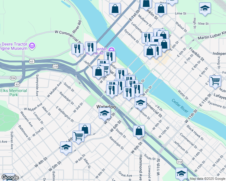 map of restaurants, bars, coffee shops, grocery stores, and more near 501-599 Jefferson St in Waterloo
