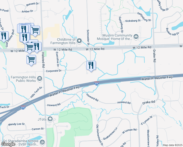 map of restaurants, bars, coffee shops, grocery stores, and more near 36455 Corporate Drive in Farmington Hills