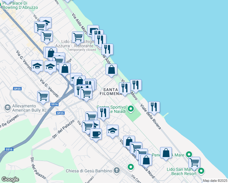 map of restaurants, bars, coffee shops, grocery stores, and more near 12C Via Crati in Montesilvano