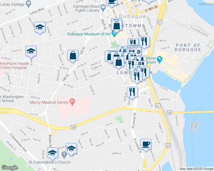 map of restaurants, bars, coffee shops, grocery stores, and more near 255 Kellys Bluff Street in Dubuque