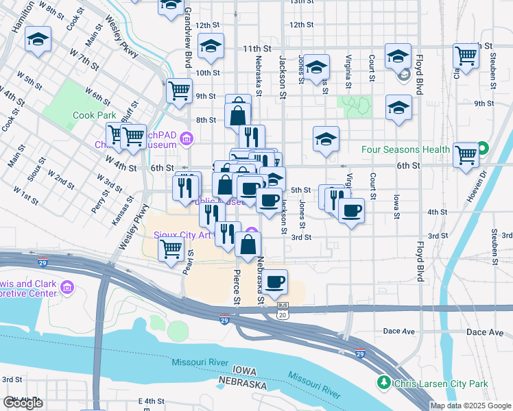 map of restaurants, bars, coffee shops, grocery stores, and more near 411 Nebraska Street in Sioux City